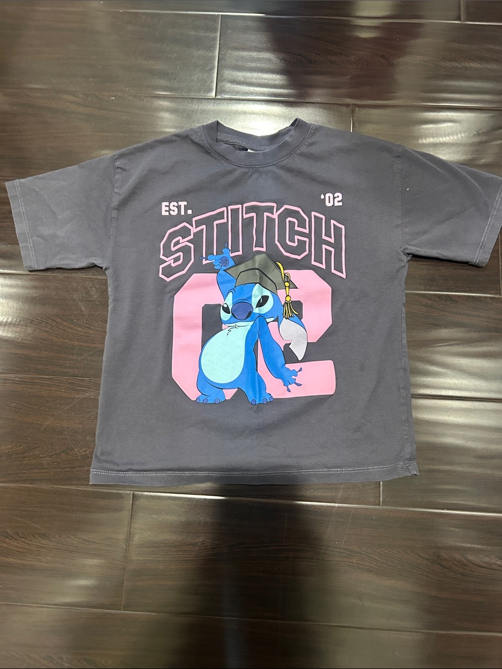 Zara Kids Stitch Graphic Kids Tee - Black with Pink & Blue size 9-10